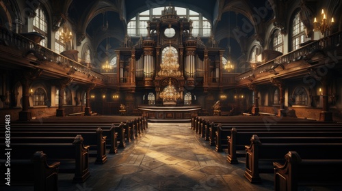 Majestic Synagogue Interior with Ornate Woodwork and Stained Glass Windows