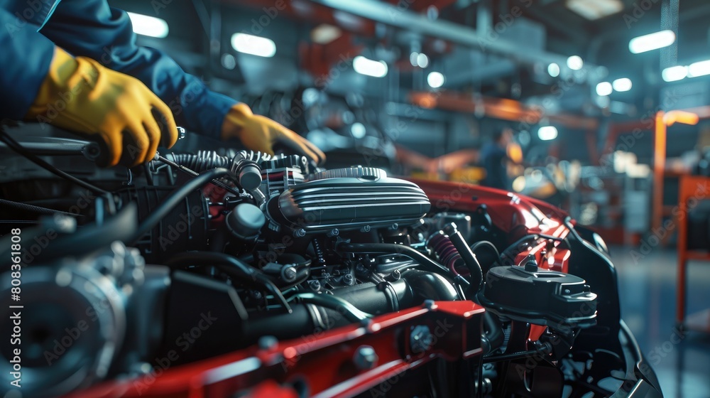 Mechanic working on car engine at garage workshop, Automobile mechanic car service and maintenance, car repair service concept Mechanic working on car engine at garage workshop, Automobile mechanic car service and maintenance, car repair service concept