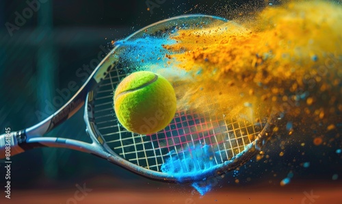 A tennis ball hitting a racket, colorful powder © piai