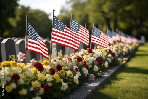 America Memorial Day, a row of American flags and flowers are placed in a cemetery with a row of headstones in the background