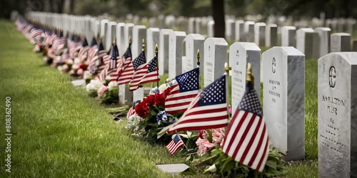 America Memorial Day, a row of American flags and flowers are placed in a cemetery with a row of headstones in the background