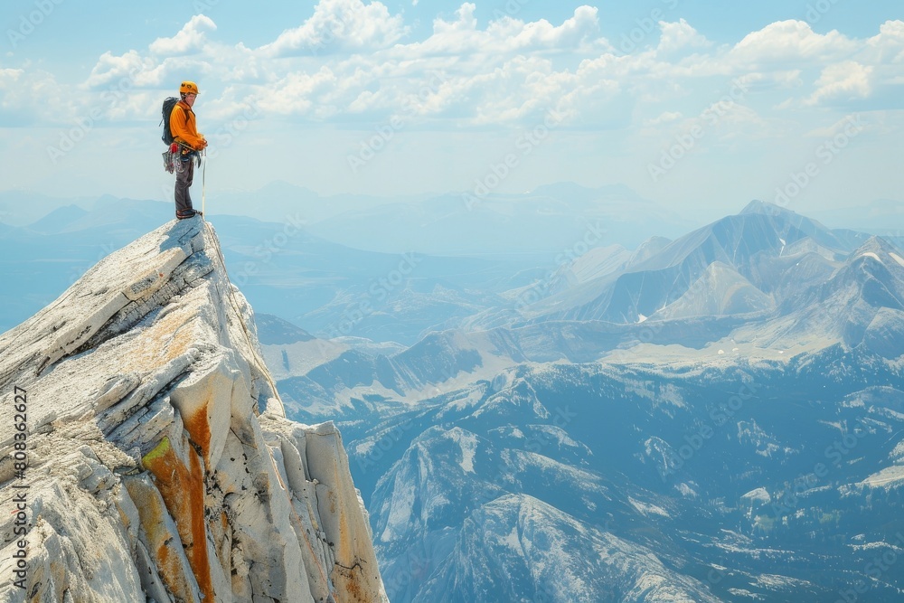 Thrilling mountain climbing adventure with climber standing on rocky peak, stunning alpine landscape, blue sky with clouds. Perfect for outdoor, adventure, and extreme sports concepts. Thrilling mountain climbing adventure with climber standing on rocky peak, stunning alpine landscape, blue sky with clouds. Perfect for outdoor, adventure, and extreme sports concepts.