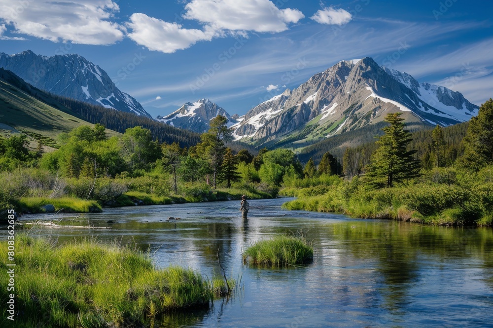Fly fisherman in a tranquil river with majestic mountains in the background. Perfect for outdoor sports, nature, and wilderness themes.
