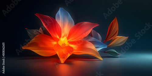 Blooming Pink Lotus Flower on Dramatic Black, Colorful Lotus Flower with Leaves on Black Background