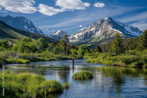 Fly fisherman in a tranquil river with majestic mountains in the background. Perfect for outdoor sports  nature  and wilderness themes.