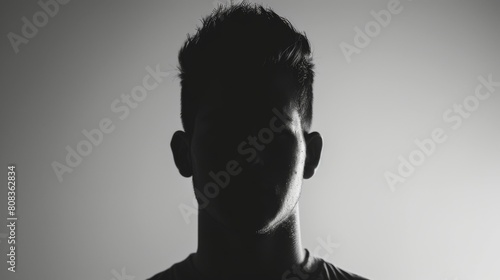 Moody black and white silhouette of a man against a neutral background. Strong contrast highlighting the contours of the face and hair. Ideal for themes introspection and dramatic portrait