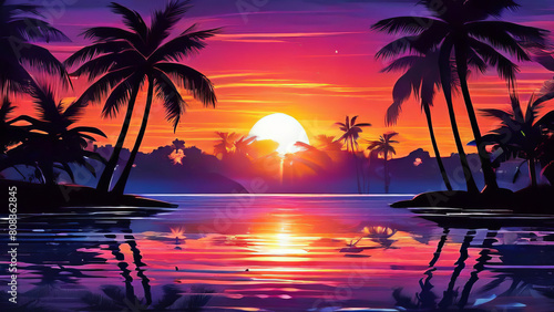 a tropical sunset  with hues of orange  pink  and purple blending together in a dreamy and atmospheric composition. palm tree silhouettes and shimmering reflections on the water