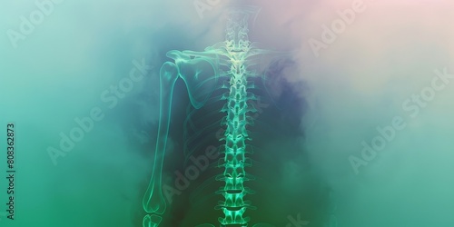 Transparent medical illustration of a human spine and ribcage, set against a misty, green-to-pink gradient background. Perfect for healthcare, anatomy education, and medical research themes.