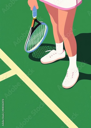 Stylish vector illustration of a tennis player on a court, showcasing detailed tennis attire and equipment, perfect for summer sports themes.