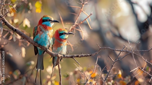 Beautifully coloured little birds perched in miombo school photo