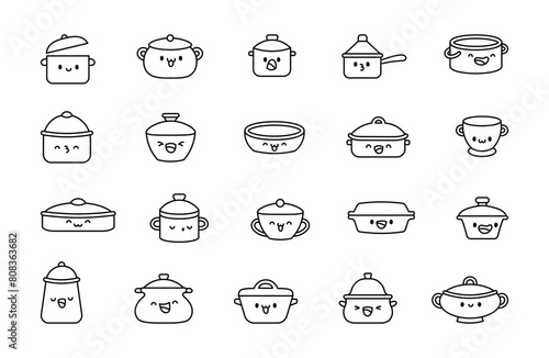 Casserole dishes, cast iron pans characters. Coloring Page. Pyrex bakeware. Hand drawn style. Vector drawing. Collection of design elements.