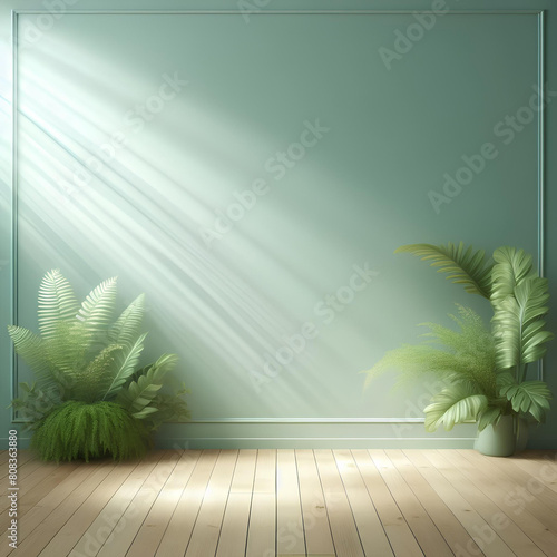 illustrazione grafica stile fotografico: sfondo di parete verde  e pavimento in legno con fasci di luce trasversali che illuminano due piante d'appartamento con spazio per testo photo