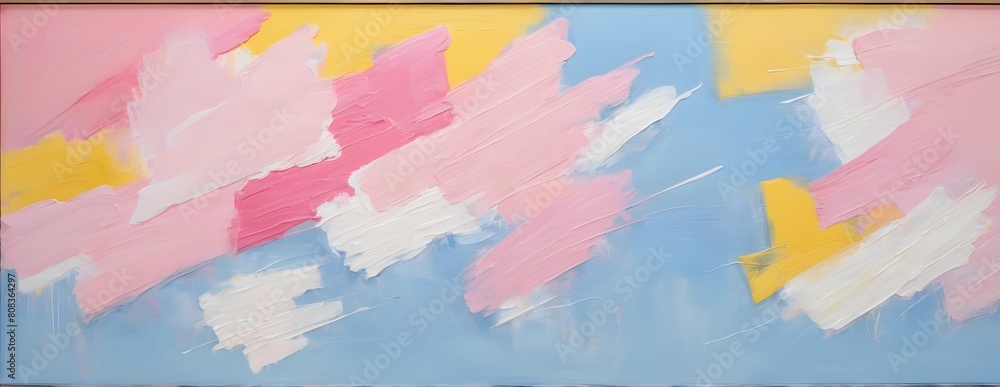 painting of a blue, pink, and yellow background with white and pink paint strokes on it's edges