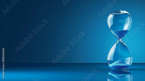 Hourglass on blue background, time concept with sand glass timer, business and stress symbol, banner, copy space