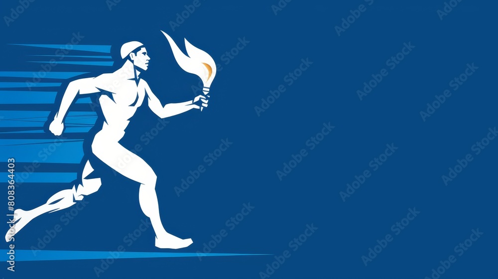 Athlete runs with a Olympic flame in his hand, blue background, Olympic games concept, banner, copy space