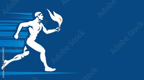 Athlete runs with a Olympic flame in his hand, blue background, Olympic games concept, banner, copy space