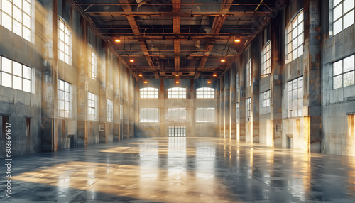 A huge industrial empty warehouse listed with ambient sunlight flowing drought large windows. High and rusty ceiling. Room is ready for technology installation and start to earn money