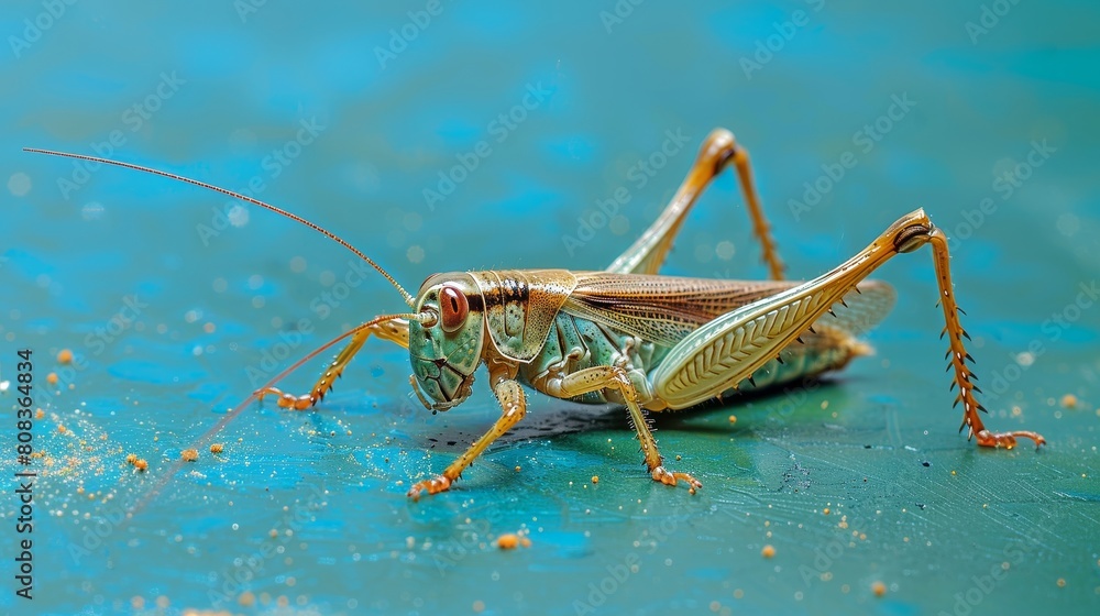 Fototapeta premium Cricket - Gryllus assimilis - feeding insects close up, blue background, insects pests concept, banner