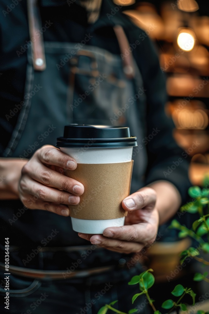 Barista man hands is holding a take away coffee cup Barista man hands is holding a take away coffee cup