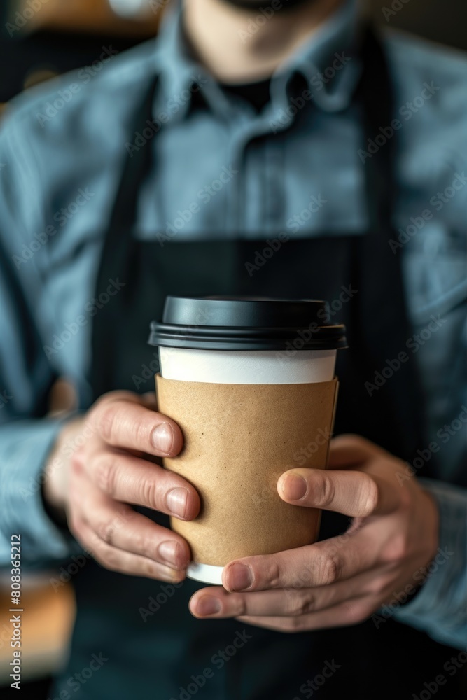 Barista man hands is holding a take away coffee cup Barista man hands is holding a take away coffee cup