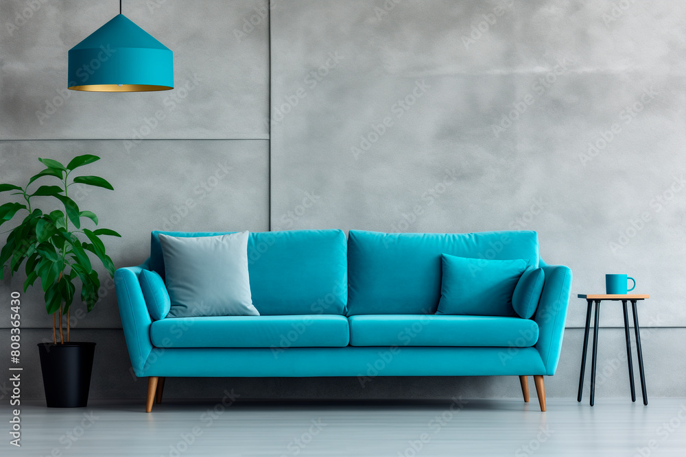 Teal sofa with vibrant blue pillows against grey stucco or concrete wall with art poster. Mid century interior design of modern living room, home Teal sofa with vibrant blue pillows against grey stucco or concrete wall with art poster. Mid century interior design of modern living room, home