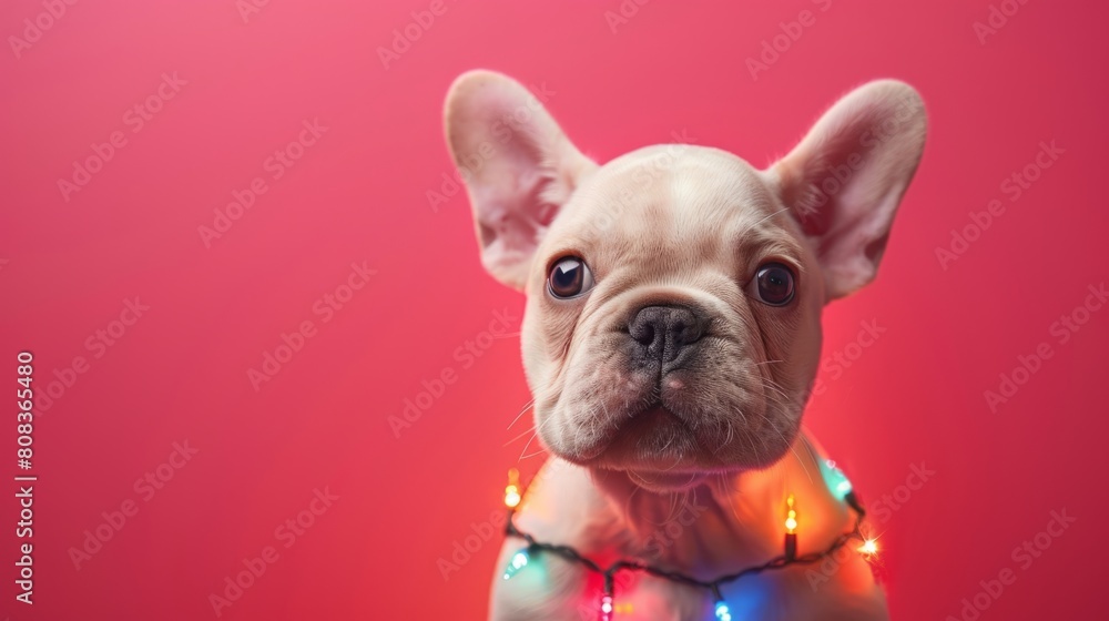 A beautiful cream French bulldog puppy decorated with colorful Christmas lights posing against a vibrant red background, capturing the holiday spirit. Party and celebration concept with place for text