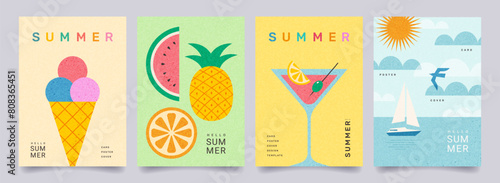 Minimal abstract summer poster set.  Ice cream, watermelon, cocktail, yacht in the sea, sun and modern typography. Summer holidays, journey, vacation illustrations. Template for banner, cover, card.