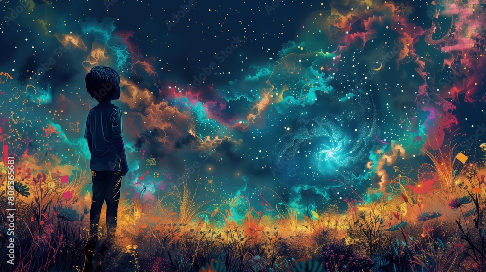 Obraz przedstawia chłopca, który patrzy na gwiazdy na niebie. Jego spojrzenie jest skierowane w górę, a w tle widać nocne niebo pełne gwiazd