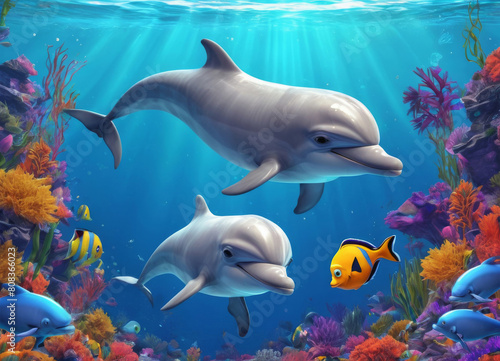 Dolphins under water at coral reef with tropical fishes. Cartoon characters. Underwater world of ocean. Algae, corals and sea anemones on the seabed.