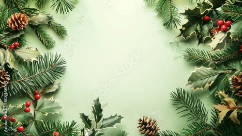 Top-down view of a festive green frame made from pine branches, holly leaves, and pine cones, with white space in the center.