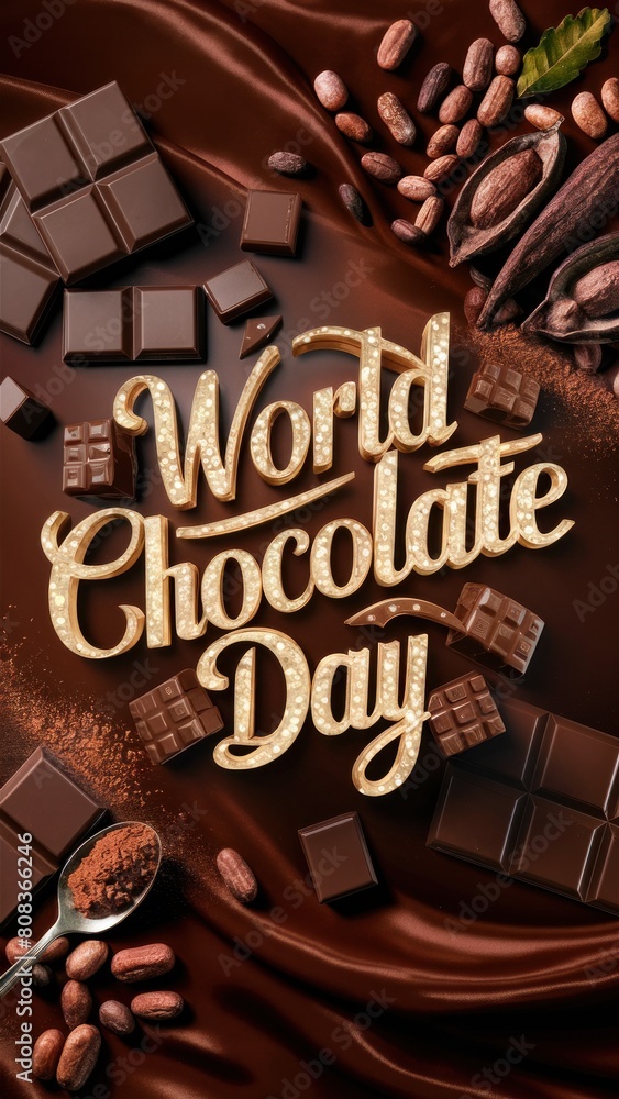 Visual work with the text World Chocolate Day, mixed chocolate and snacks Visual work with the text World Chocolate Day, mixed chocolate and snacks