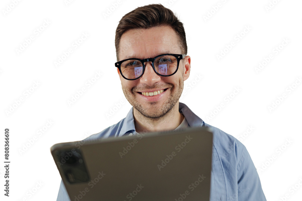 A man consultant with glasses uses a tablet, online work in an application, cut isolated A man consultant with glasses uses a tablet, online work in an application, cut isolated