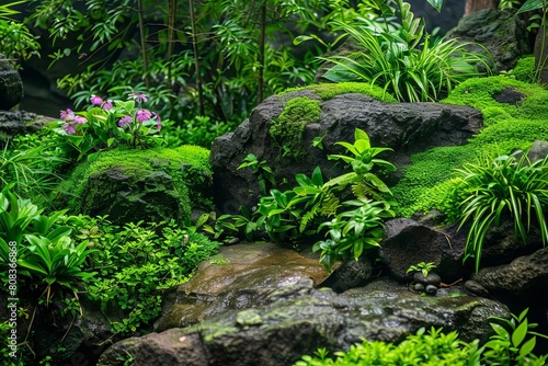 mossy rock garden with lush plants and stones landscape photo