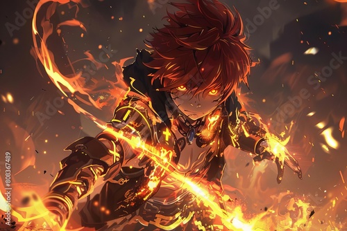 powerful anime fantasy male character unleashing fiery attack with force