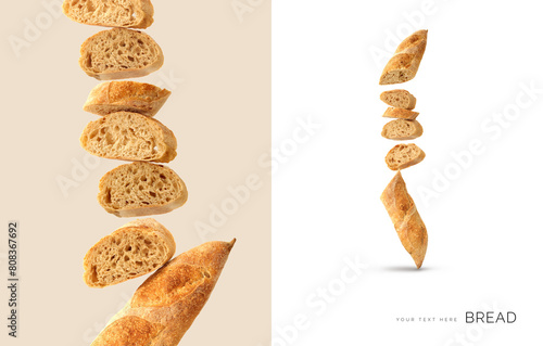 Creative layout made of bread on the white and beige background. Food concept. Macro concept. (ID: 808367692)