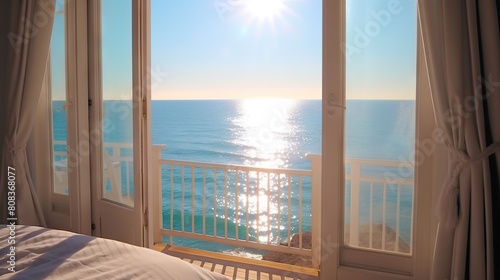 Scenic Open Window View of the Mediterranean Sea from a Sunny Bedroom