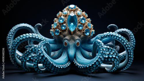 A blue octopus with a crown of jewels on its head