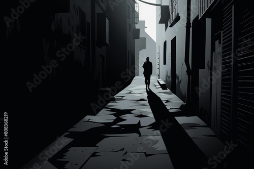 A man walks down a dark alleyway