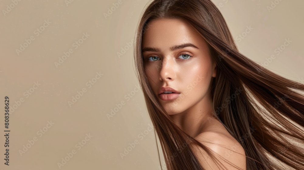 Gorgeous model girl with straight, long, shiny brown hair. straightening of keratin. Spa procedures, care, and treatment. Smooth hairstyle Gorgeous model girl with straight, long, shiny brown hair. straightening of keratin. Spa procedures, care, and treatment. Smooth hairstyle