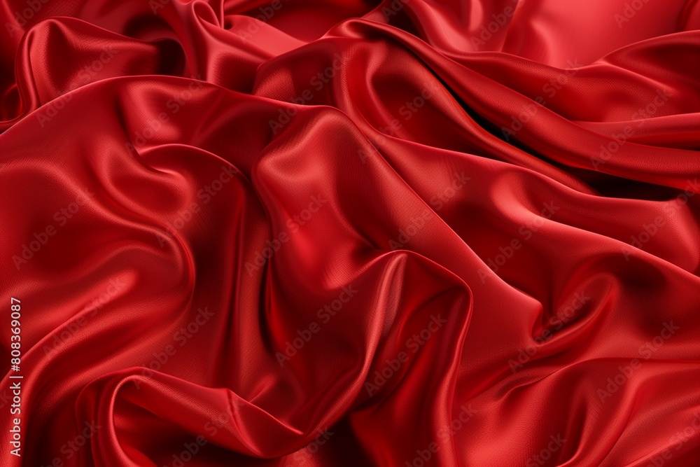 Obraz premium Crumpled and wavy, luxury red silk or satin fabric with smooth surface area 3d realistic vector abstract background with copy space. Delicate velvet texture, silky textile, elegant tissue illustration