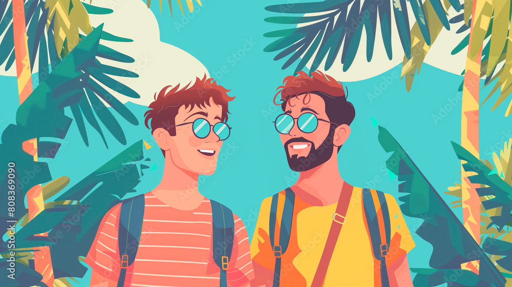 Gender fluid gay couple traveling on the road with freedom of expression during summer vacation adventure