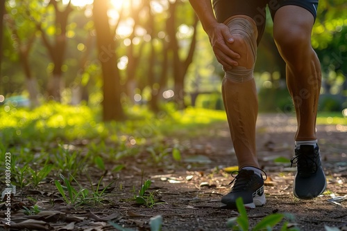 knee pain after exercise man holding injured leg in the park sports injury health concept