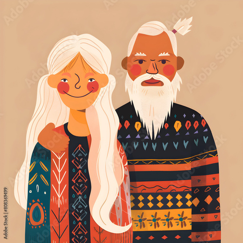 Old mixed couple at ornamental cloth flat style illustration