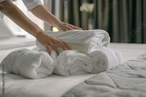 luxurious hotel room chambermaids hands placing fresh towels on pristine bed lifestyle photography