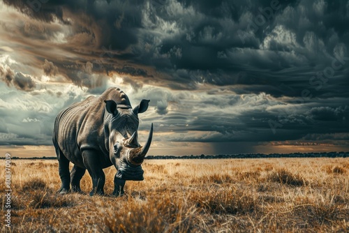majestic rhinoceros standing tall in african safari landscape upscaled wildlife photography