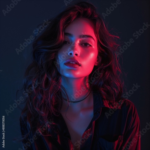 Portrait of a young beautiful woman in neon light.