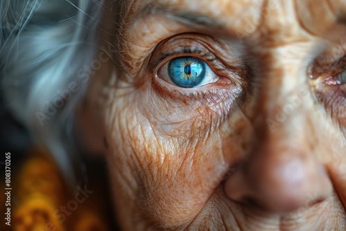 A woman with blue eyes and wrinkles on her face.