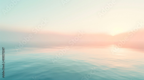 Serene pastel seascape at sunrise with calm water and soft pink and blue hues