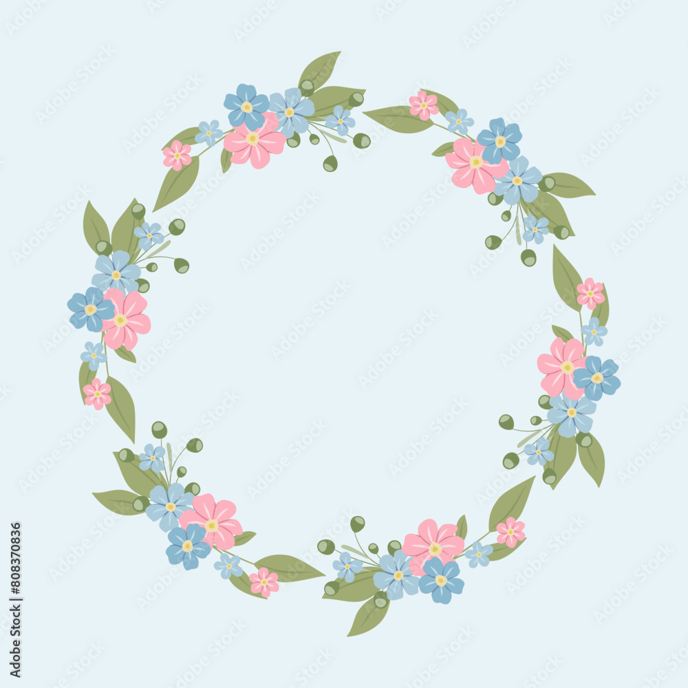 Ramka z niezapominajkami. Kwiatowy wianek, elegancka ozdoba na kartki z życzeniami do wykorzystania na Dzień Matki, wesele, rocznice lub inną uroczystość.