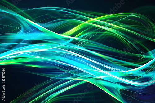 Abstract neon waves with electric green and blue streaks. Mesmerizing artwork on black background.